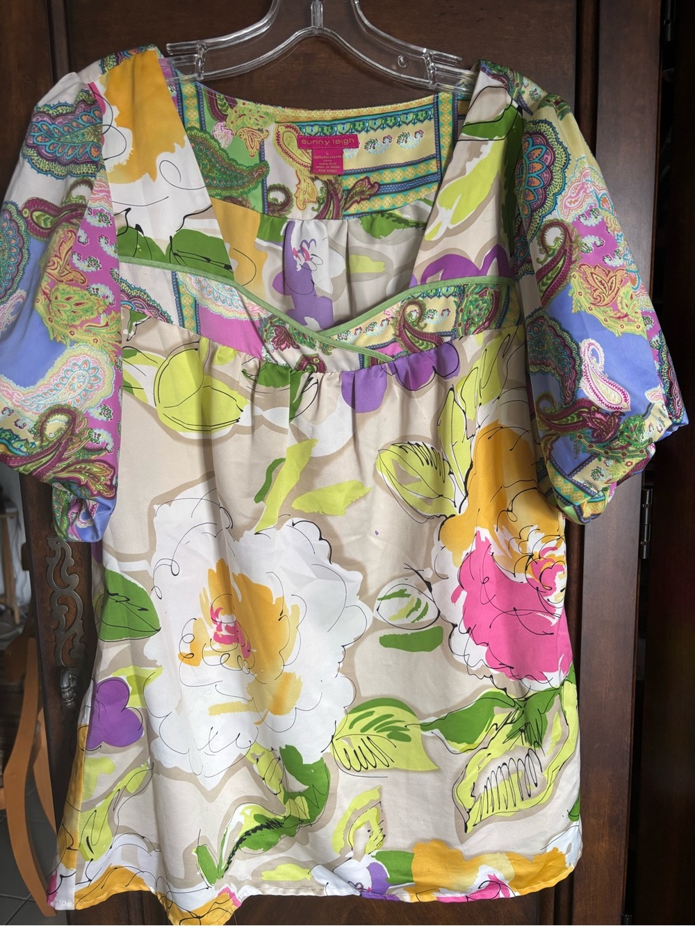 Sunny Leigh Floral Square-Neck Blouse in Cream, Pink & Yellow